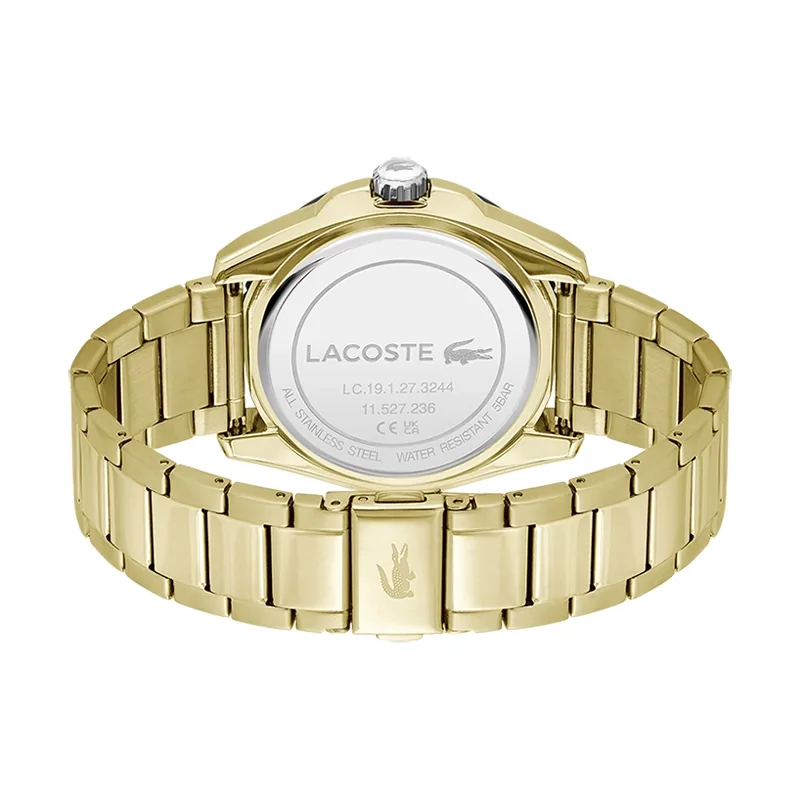 Reloj Lacoste analogo, para Hombre, tablero redondo color negro, estilo index + puntos, pulso acero color dorado