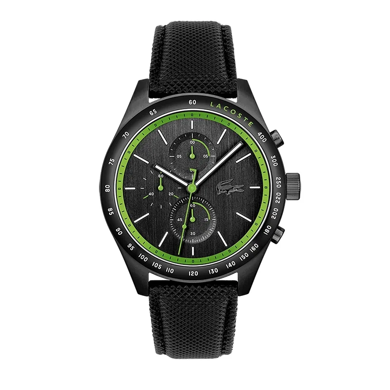 Reloj Lacoste analogo, para Hombre, tablero redondo colores negro y verde, estilo index, pulso cuero color negro, cronografo