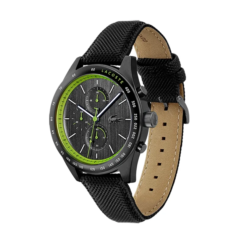 Reloj Lacoste analogo, para Hombre, tablero redondo colores negro y verde, estilo index, pulso cuero color negro, cronografo