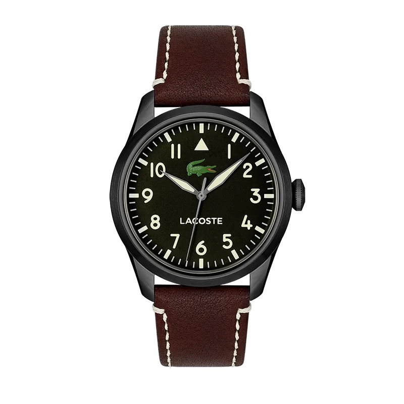 Reloj Lacoste analogo, para Hombre, tablero redondo color negro, estilo arabigos, pulso cuero color café