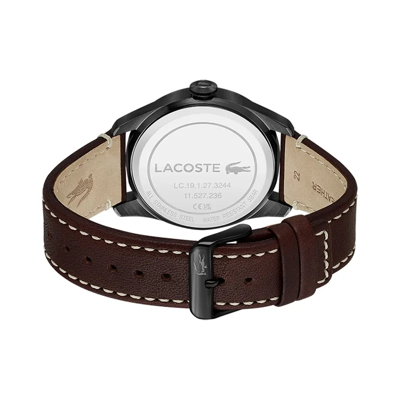 Reloj Lacoste analogo, para Hombre, tablero redondo color negro, estilo arabigos, pulso cuero color café