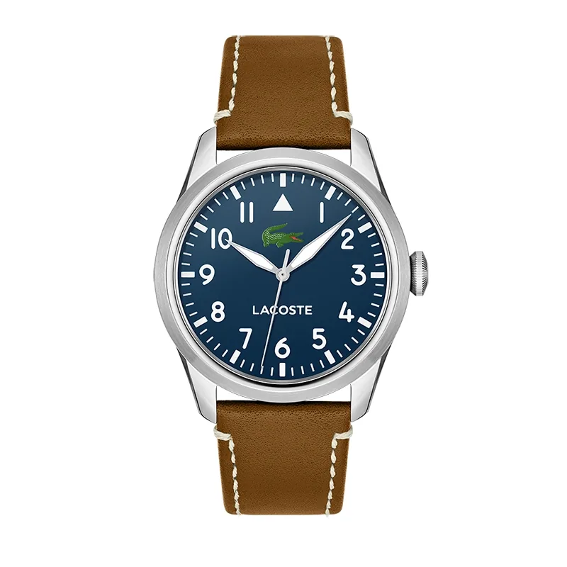 Reloj Lacoste analogo, para Hombre, tablero redondo color azul, estilo arabigos, pulso cuero color café