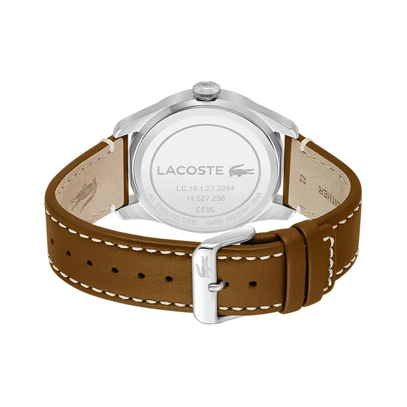 Reloj Lacoste analogo, para Hombre, tablero redondo color azul, estilo arabigos, pulso cuero color café