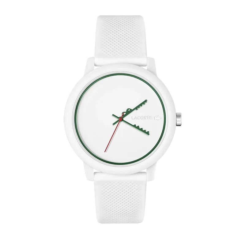 Reloj Lacoste analogo, para Hombre, tablero redondo colores blanco y verde, estilo sin numeros, pulso silicona color blanco