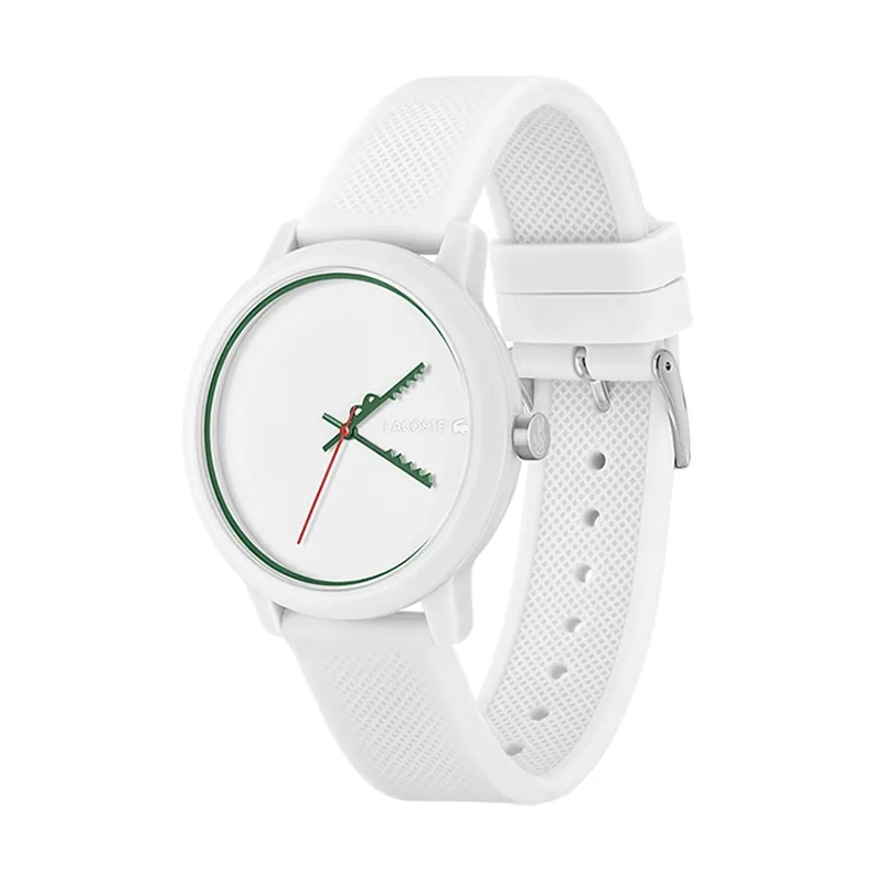 Reloj Lacoste analogo, para Hombre, tablero redondo colores blanco y verde, estilo sin numeros, pulso silicona color blanco