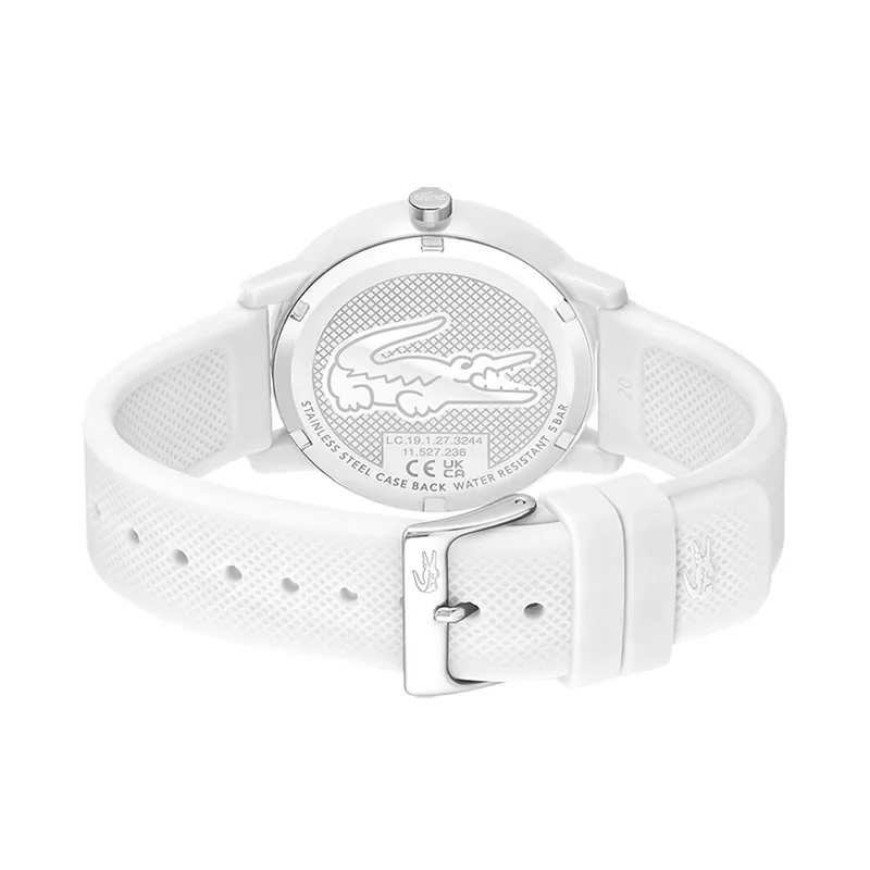 Reloj Lacoste analogo, para Hombre, tablero redondo colores blanco y verde, estilo sin numeros, pulso silicona color blanco
