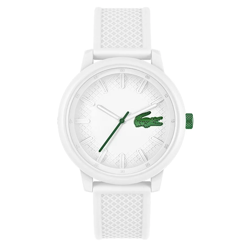 Reloj Lacoste análogo, para Hombre, tablero redondo colores blanco y verde, estilo index, pulso silicona color blanco