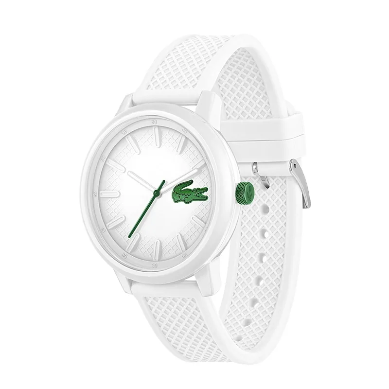 Reloj Lacoste análogo, para Hombre, tablero redondo colores blanco y verde, estilo index, pulso silicona color blanco