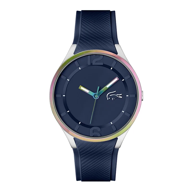 Reloj Lacoste analogo, para Hombre, tablero redondo color azul, estilo index + arabigo, pulso silicona color azul