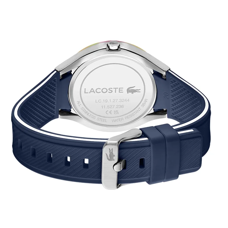 Reloj Lacoste analogo, para Hombre, tablero redondo color azul, estilo index + arabigo, pulso silicona color azul