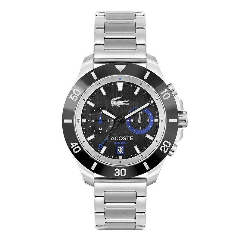 Reloj Lacoste analogo, para Hombre, tablero redondo, estilo index, pulso acero, calendario