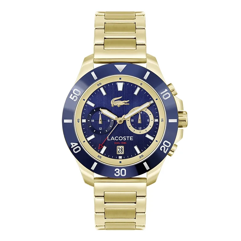 Reloj Lacoste analogo, para Hombre, tablero redondo, estilo index, pulso acero, calendario