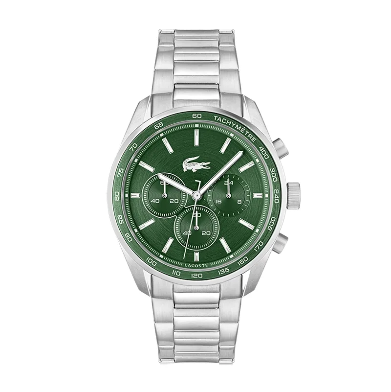 Reloj Lacoste análogo, para Hombre, tablero redondo color verde, estilo index, pulso acero color plateado, cronografo