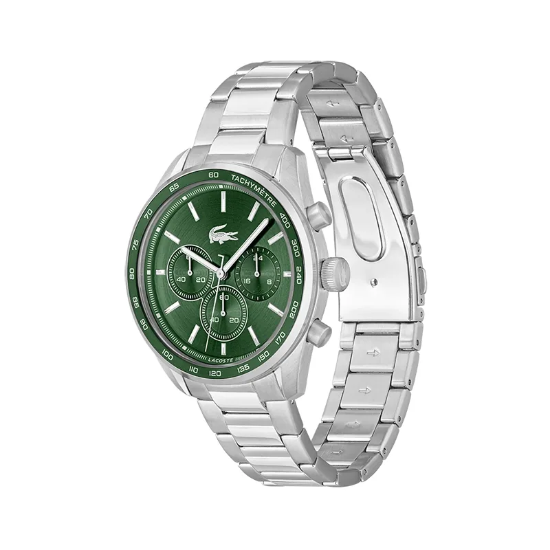 Reloj Lacoste análogo, para Hombre, tablero redondo color verde, estilo index, pulso acero color plateado, cronografo