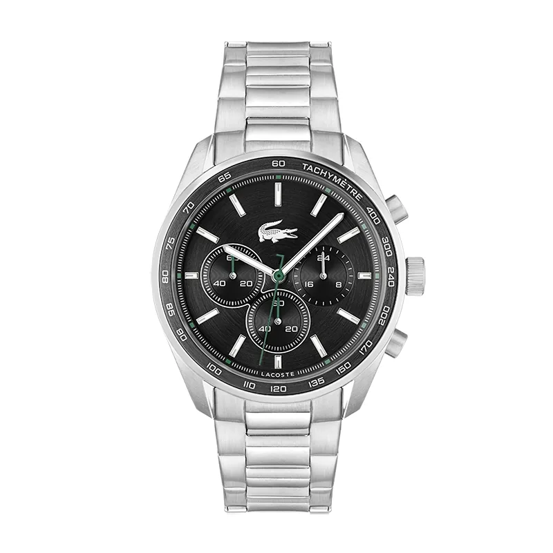 Reloj Lacoste analogo, para Hombre, tablero redondo, estilo index, pulso acero, cronografo
