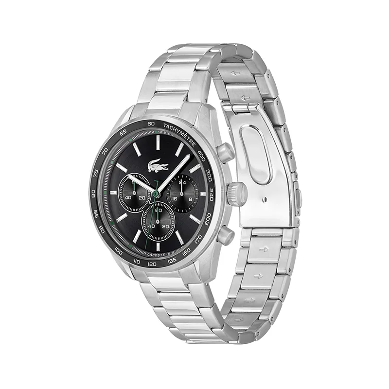 Reloj Lacoste analogo, para Hombre, tablero redondo, estilo index, pulso acero, cronografo