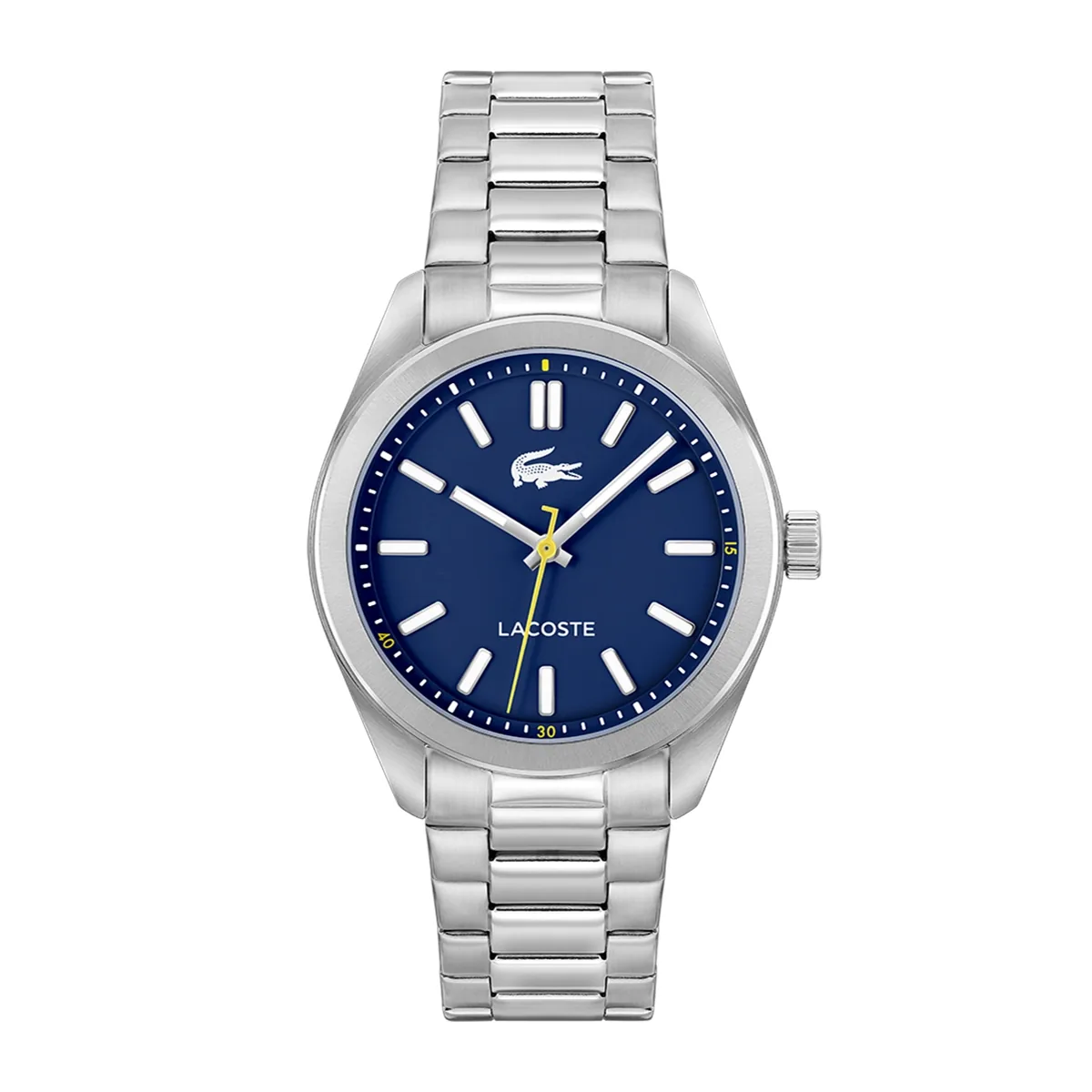 Reloj Lacoste analogo, para Hombre, tablero redondo color azul, estilo index, pulso acero color plateado