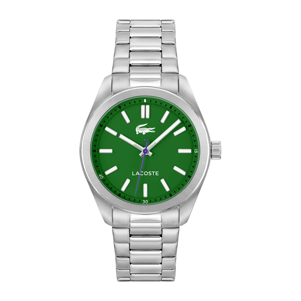 Reloj Lacoste analogo, para Hombre, tablero redondo color verde, estilo index, pulso acero color plateado