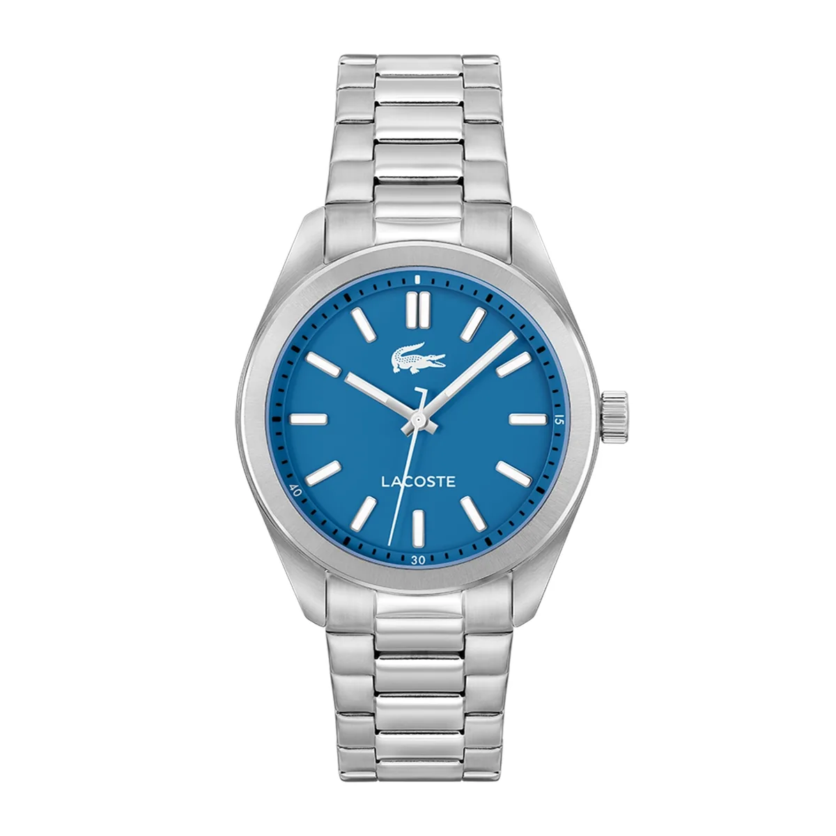 Reloj Lacoste analogo, para Hombre, tablero redondo color azul, estilo index, pulso acero color plateado