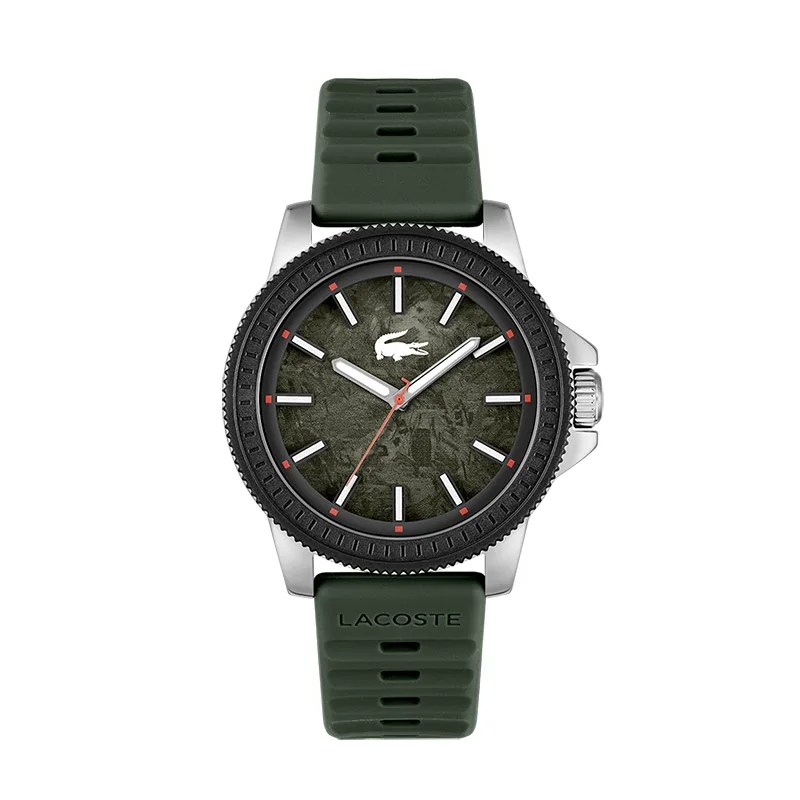 Reloj Lacoste analogo, para Hombre, tablero redondo colores gris y rojo, estilo index, pulso silicona color verde