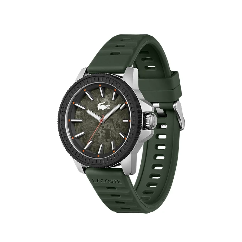 Reloj Lacoste analogo, para Hombre, tablero redondo colores gris y rojo, estilo index, pulso silicona color verde