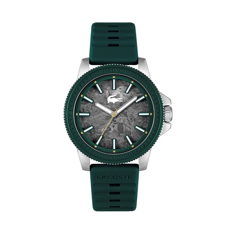 Reloj Lacoste analogo, para Hombre, tablero redondo colores gris y blanco, estilo index, pulso silicona colores verde y naranja