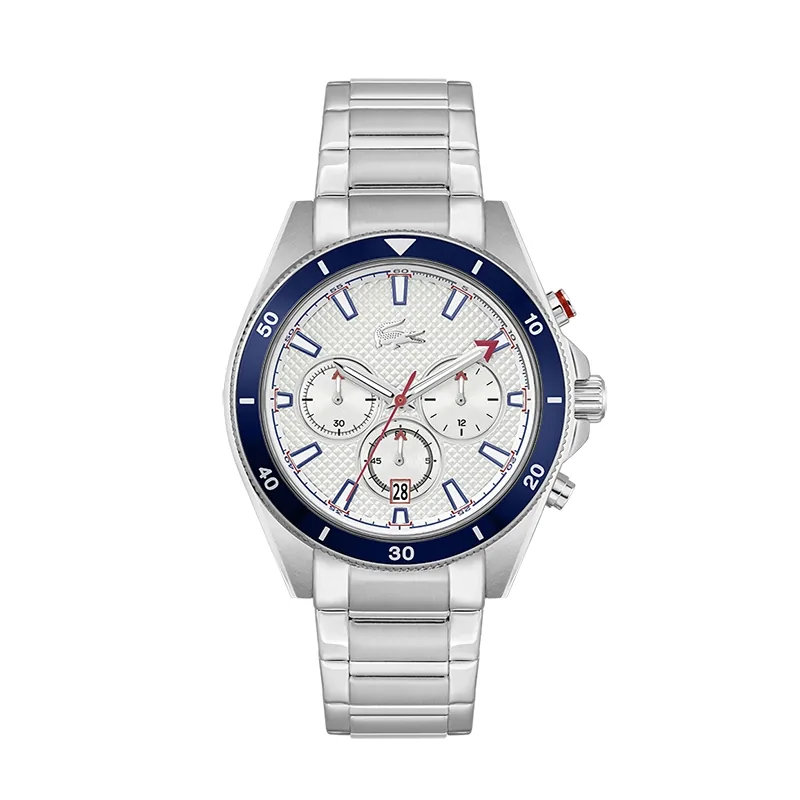 Reloj Lacoste analogo, para Hombre, tablero redondo colores plateado, azul y rojo, estilo index, pulso acero color plateado, calendario, cronografo