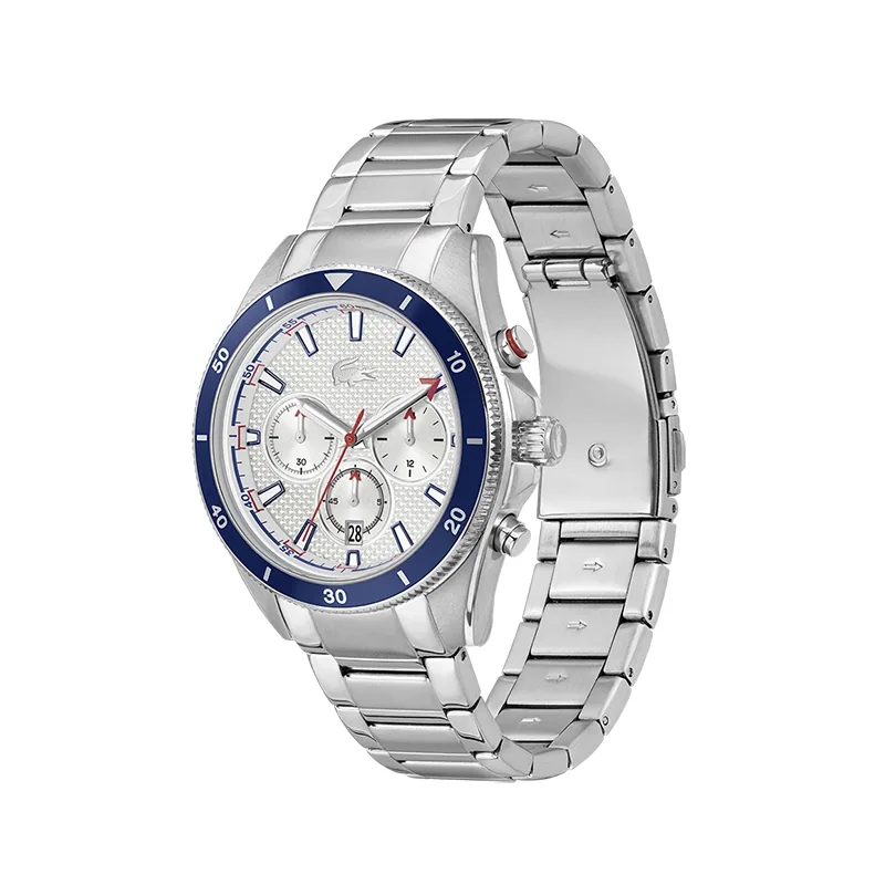 Reloj Lacoste analogo, para Hombre, tablero redondo colores plateado, azul y rojo, estilo index, pulso acero color plateado, calendario, cronografo