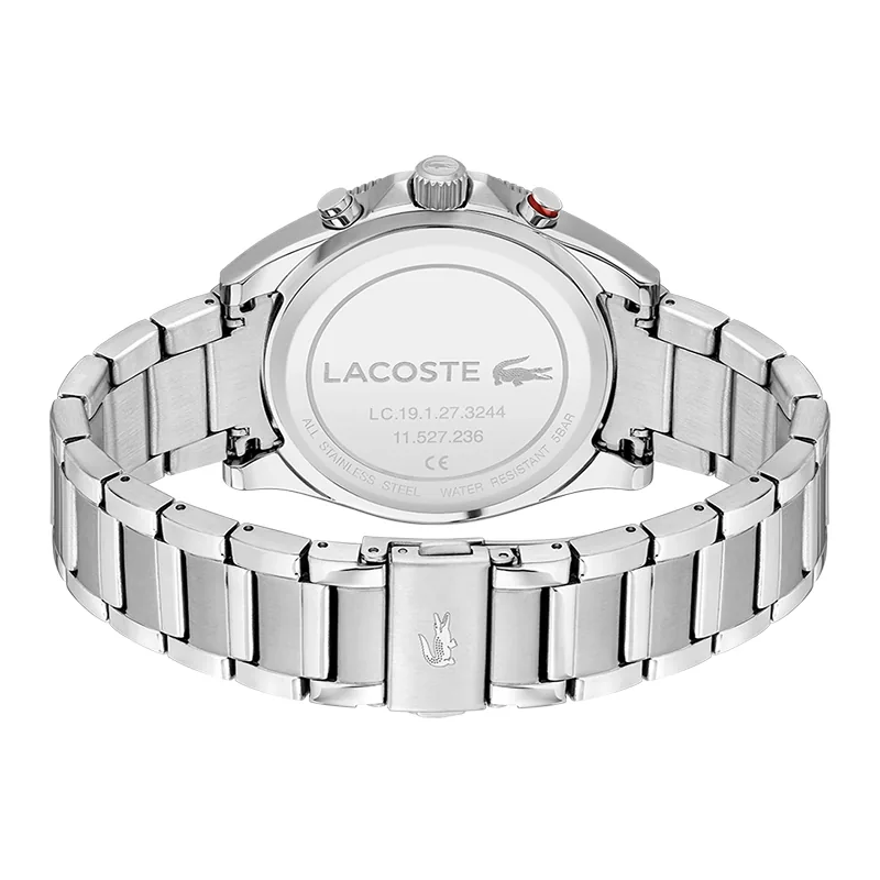Reloj Lacoste analogo, para Hombre, tablero redondo colores plateado, azul y rojo, estilo index, pulso acero color plateado, calendario, cronografo