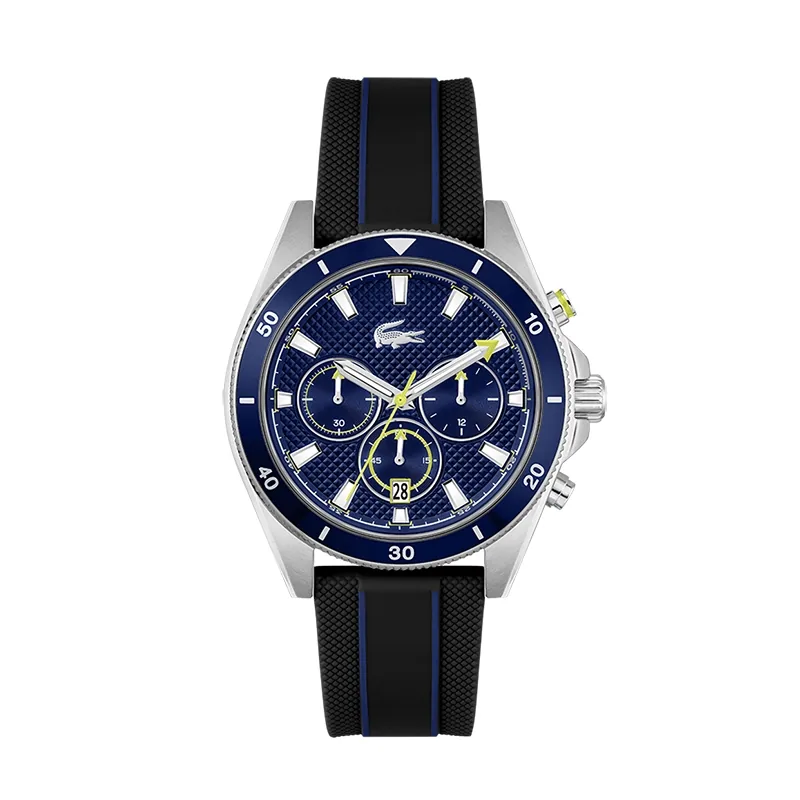 Reloj Lacoste analogo, para Hombre, tablero redondo colores azul y dorado, estilo index, pulso silicona colores negro y azul, calendario, cronografo