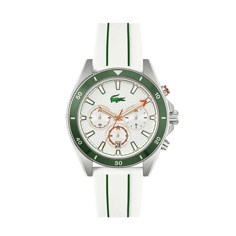 Reloj Lacoste analogo, para Hombre, tablero redondo color blanco, estilo index, pulso silicona colores blanco y verde, calendario, cronografo
