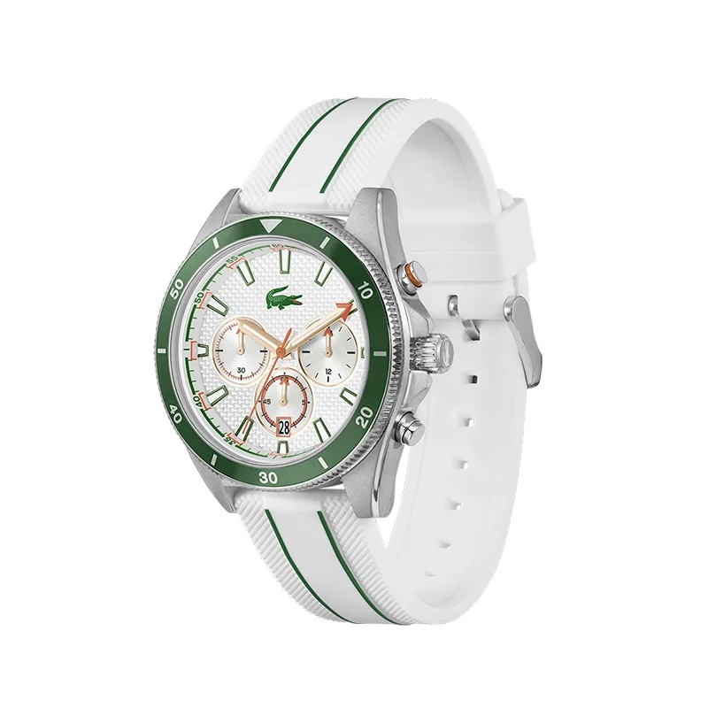 Reloj Lacoste analogo, para Hombre, tablero redondo color blanco, estilo index, pulso silicona colores blanco y verde, calendario, cronografo