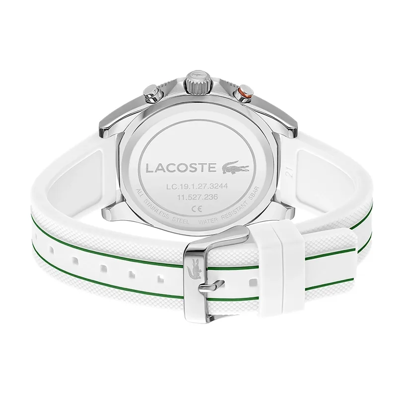 Reloj Lacoste analogo, para Hombre, tablero redondo color blanco, estilo index, pulso silicona colores blanco y verde, calendario, cronografo