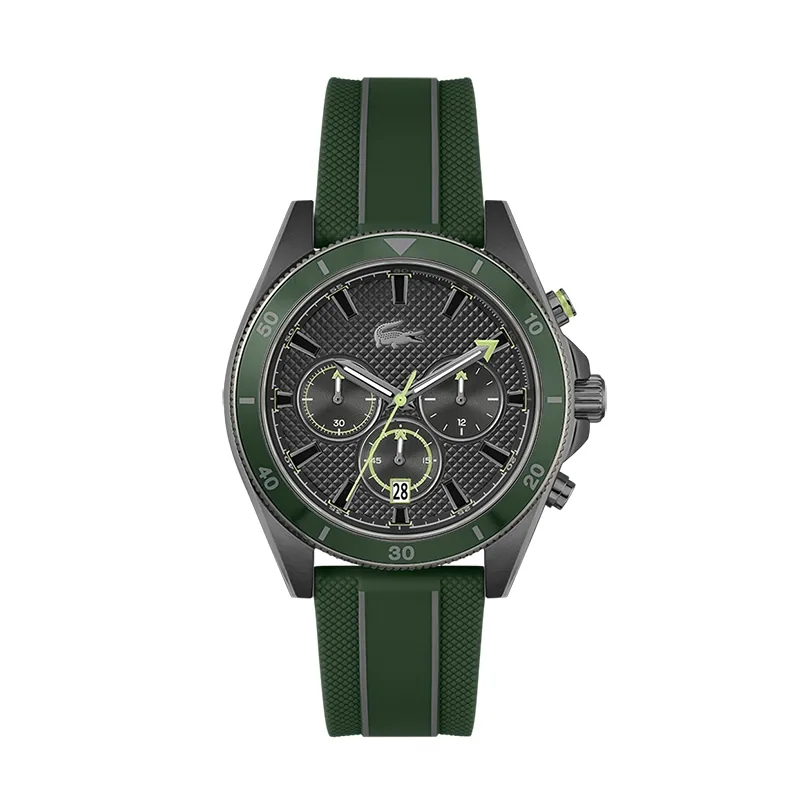 Reloj Lacoste análogo, para Hombre, tablero redondo colores negro y verde, estilo index, pulso silicona color verde, calendario, cronografo