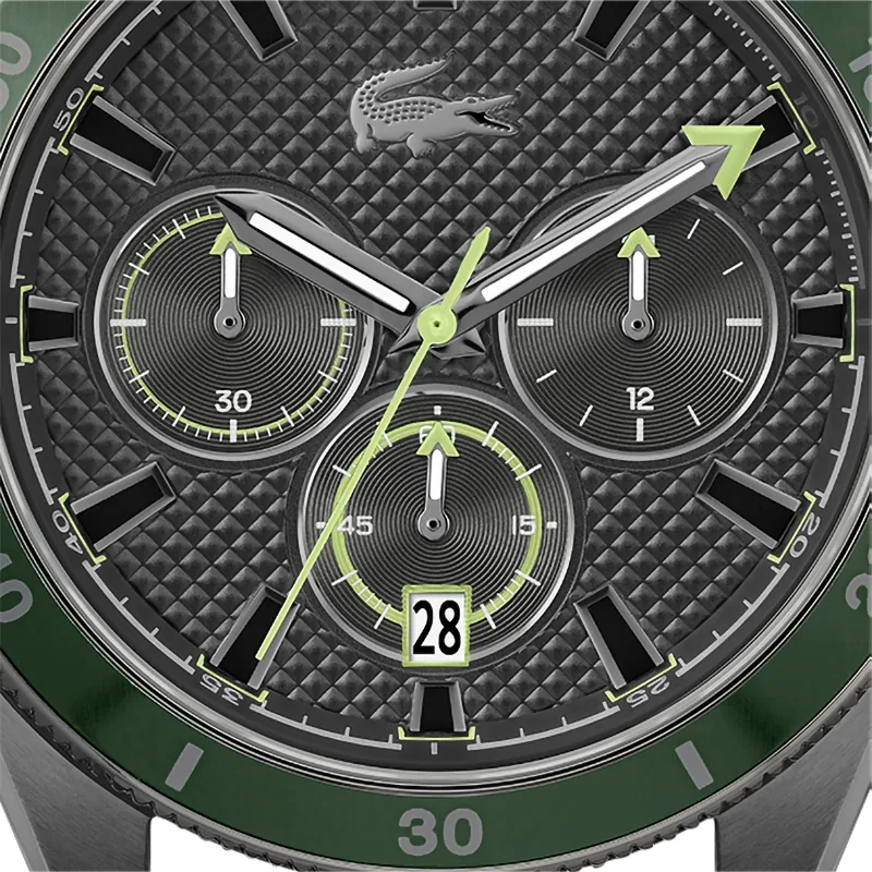 Reloj Lacoste análogo, para Hombre, tablero redondo colores negro y verde, estilo index, pulso silicona color verde, calendario, cronografo