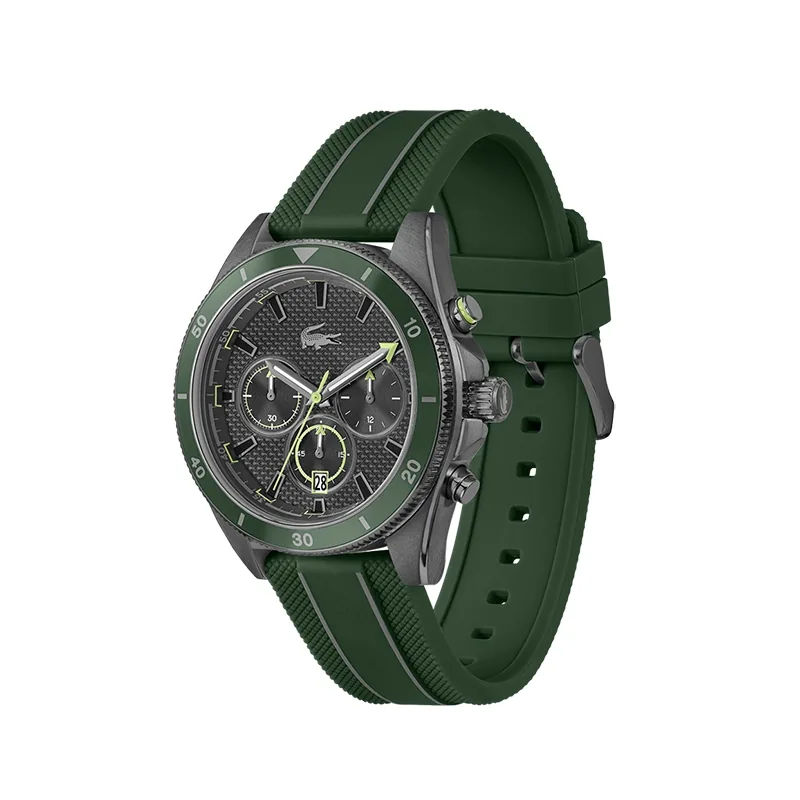 Reloj Lacoste análogo, para Hombre, tablero redondo colores negro y verde, estilo index, pulso silicona color verde, calendario, cronografo