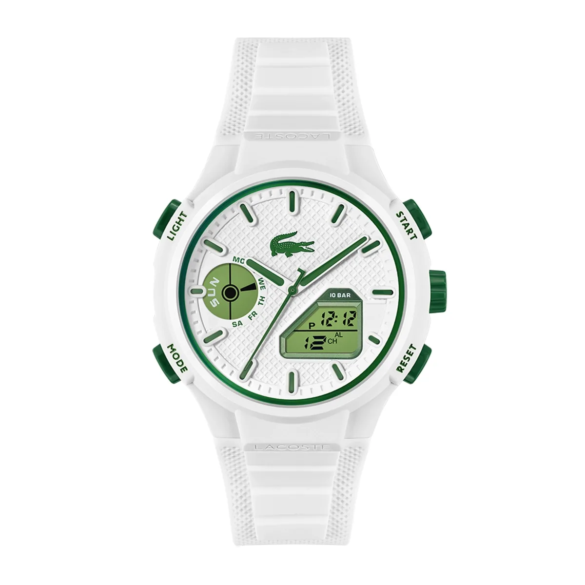 Reloj Lacoste analogo y digital, para Hombre, tablero redondo colores blanco y verde, estilo index, pulso silicona color blanco, calendario