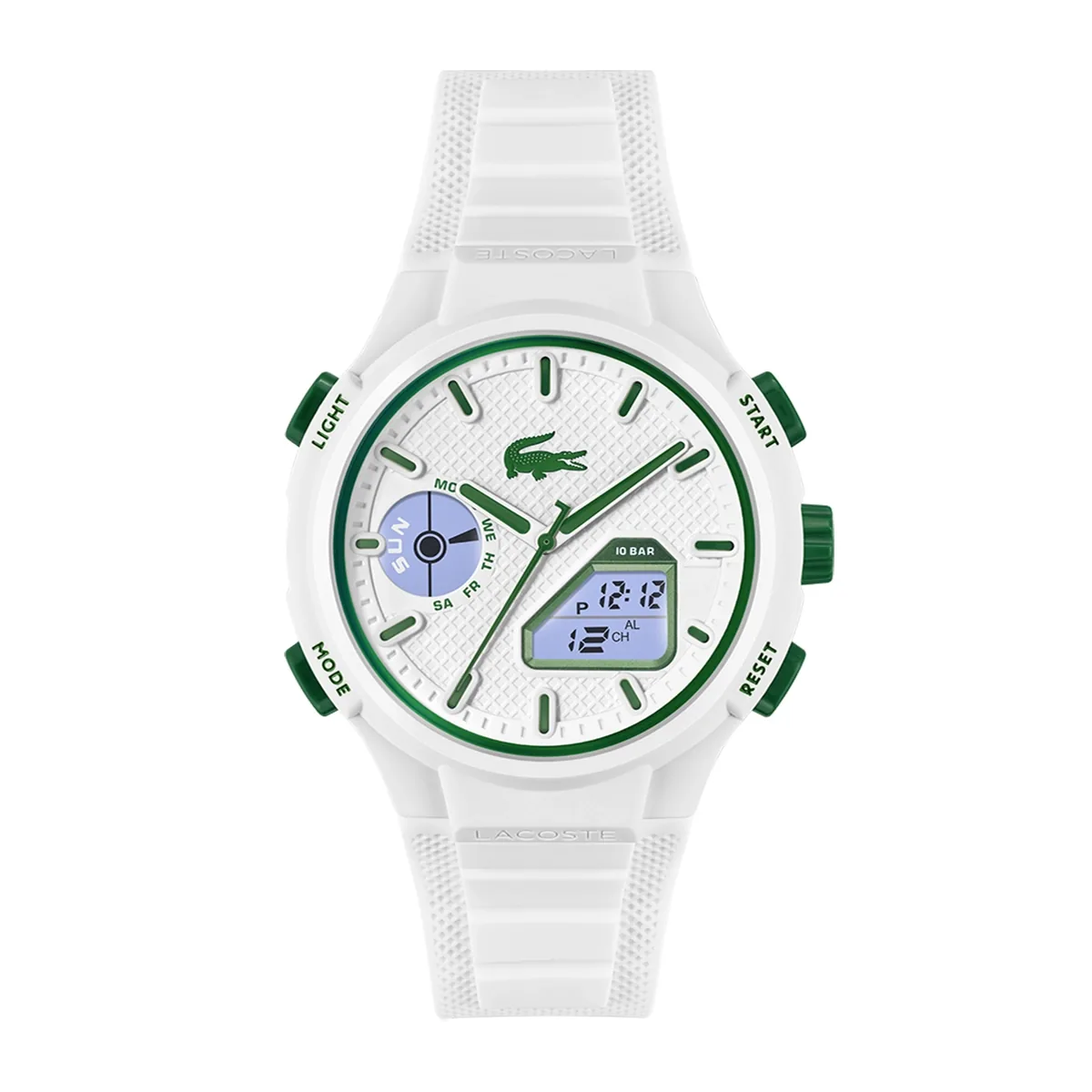 Reloj Lacoste analogo y digital, para Hombre, tablero redondo colores blanco y verde, estilo index, pulso silicona color blanco, calendario