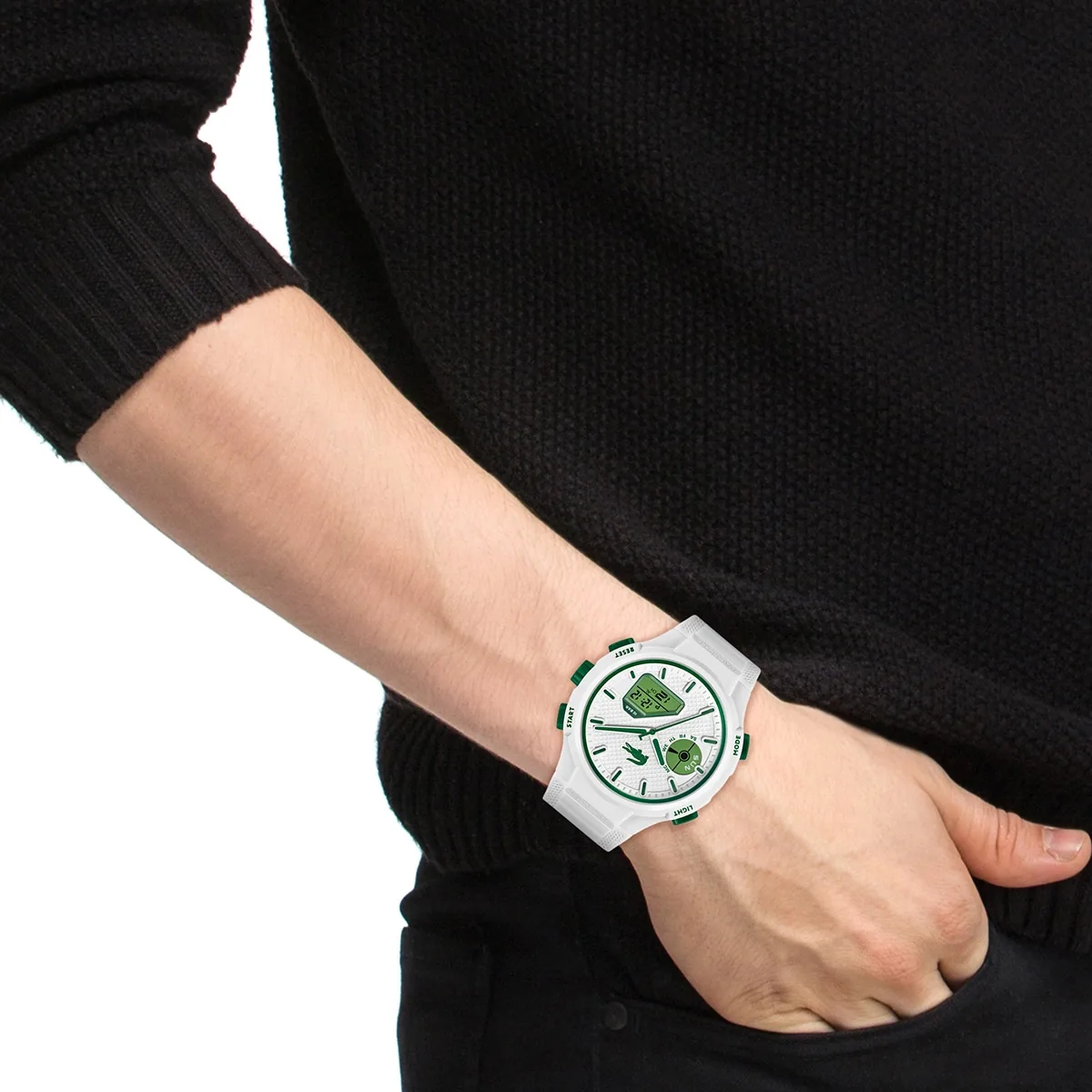 Reloj Lacoste analogo y digital, para Hombre, tablero redondo colores blanco y verde, estilo index, pulso silicona color blanco, calendario
