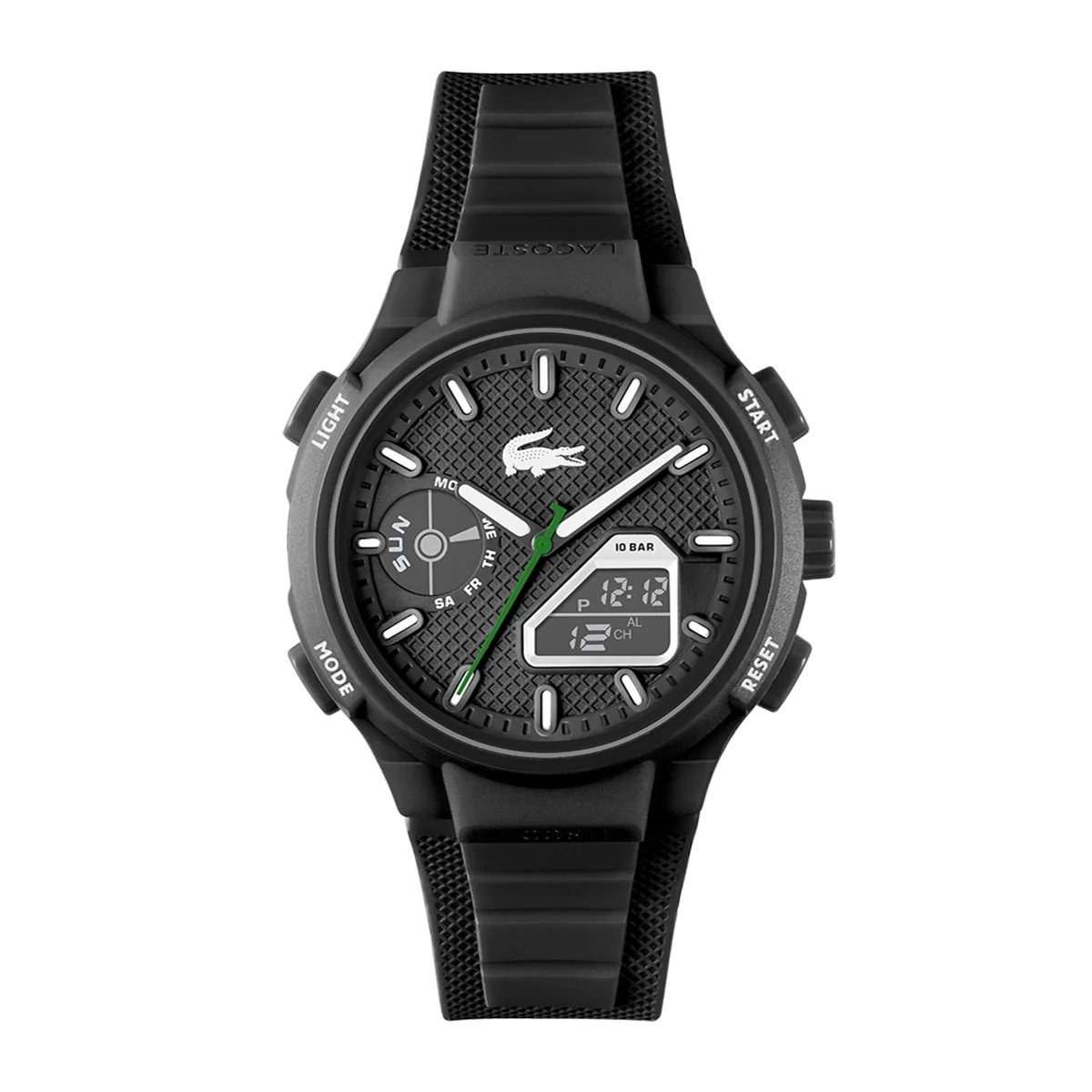 Reloj Lacoste análogo y digital, para Hombre, tablero redondo color negro, estilo index, pulso silicona color negro, calendario