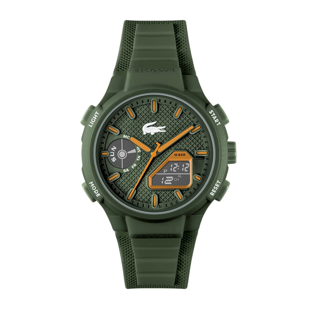 Reloj Lacoste analogo y digital, para Hombre, tablero redondo colores verde y naranja, estilo index, pulso silicona color verde, calendario