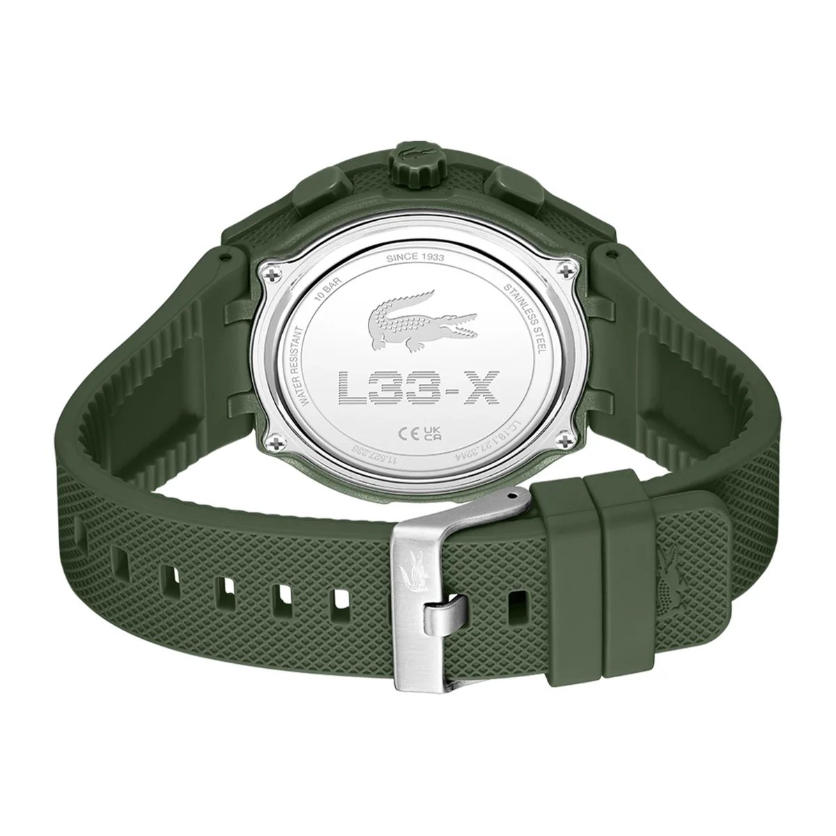 Reloj Lacoste analogo y digital, para Hombre, tablero redondo colores verde y naranja, estilo index, pulso silicona color verde, calendario