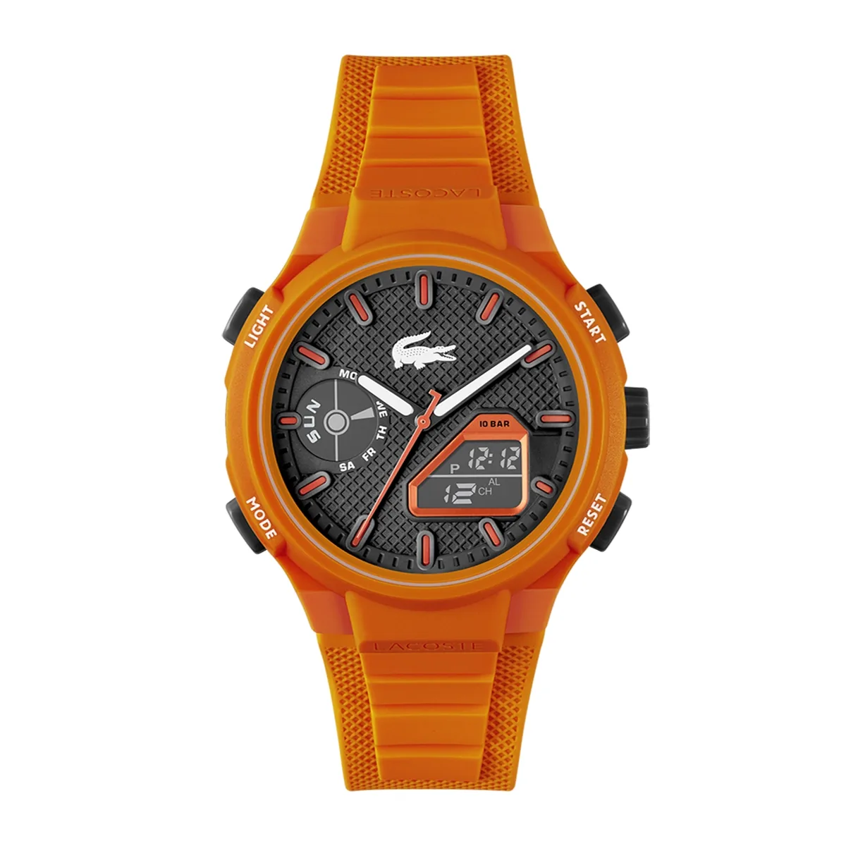 Reloj Lacoste analogo y digital, para Hombre, tablero redondo colores negro y naranja, estilo index, pulso silicona color naranja, calendario