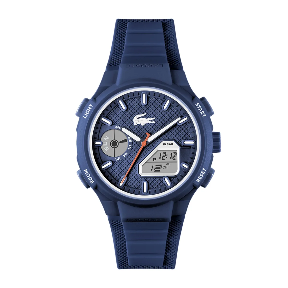 Reloj Lacoste analogo y digital, para Hombre, tablero redondo colores azul y naranja, estilo index, pulso silicona color azul, calendario