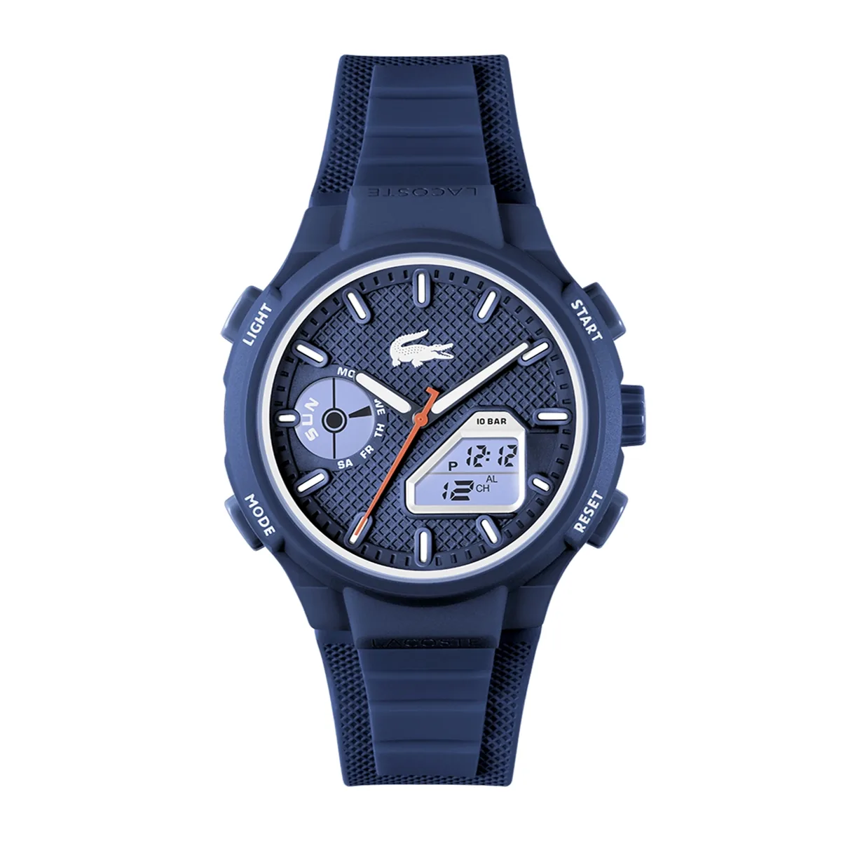 Reloj Lacoste analogo y digital, para Hombre, tablero redondo colores azul y naranja, estilo index, pulso silicona color azul, calendario
