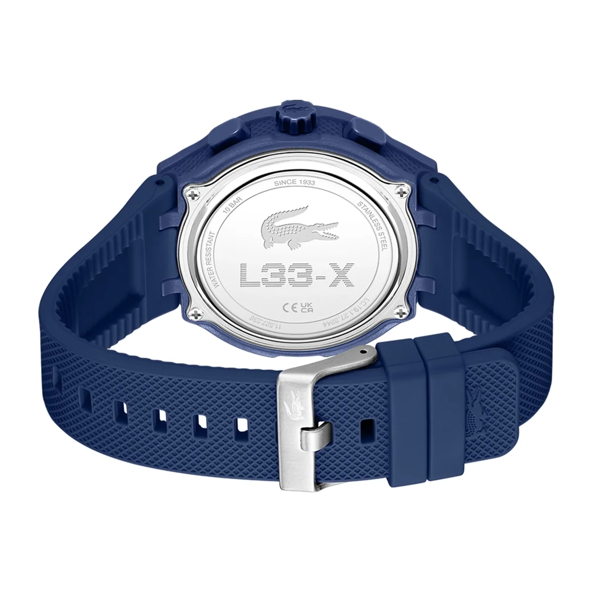 Reloj Lacoste analogo y digital, para Hombre, tablero redondo colores azul y naranja, estilo index, pulso silicona color azul, calendario