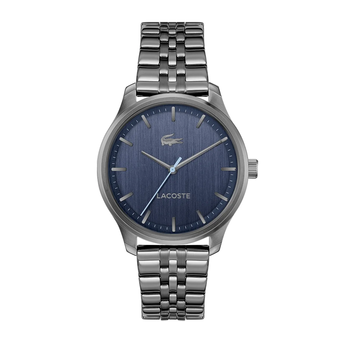 Reloj Lacoste análogo, para Hombre, tablero redondo colores azul y gris, estilo index, pulso acero color gris
