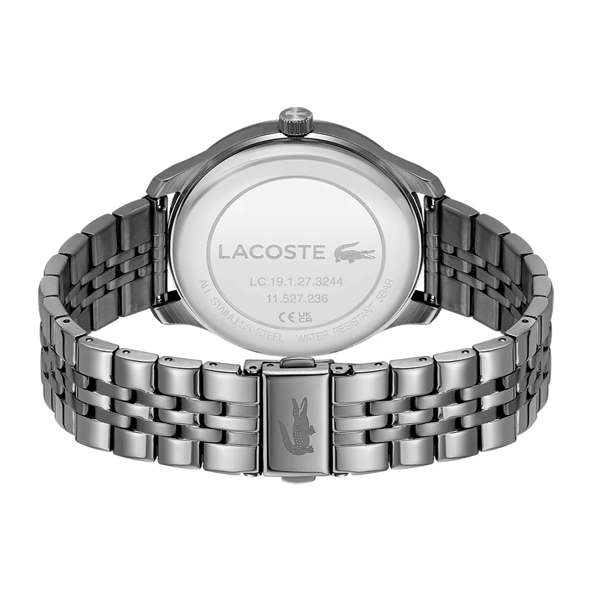 Reloj Lacoste análogo, para Hombre, tablero redondo colores azul y gris, estilo index, pulso acero color gris