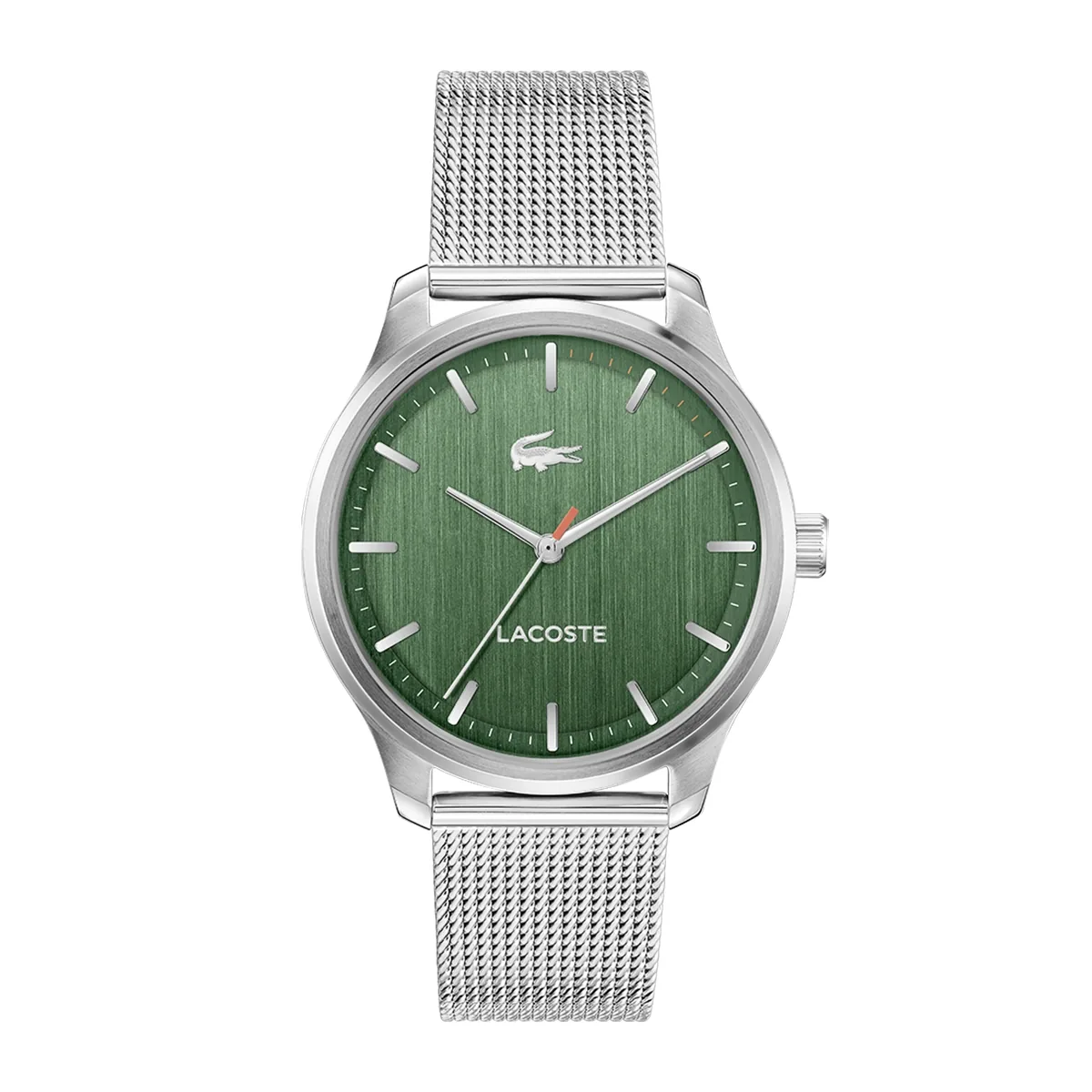 Reloj Lacoste análogo, para Hombre, tablero redondo color verde, estilo index, pulso acero color plateado
