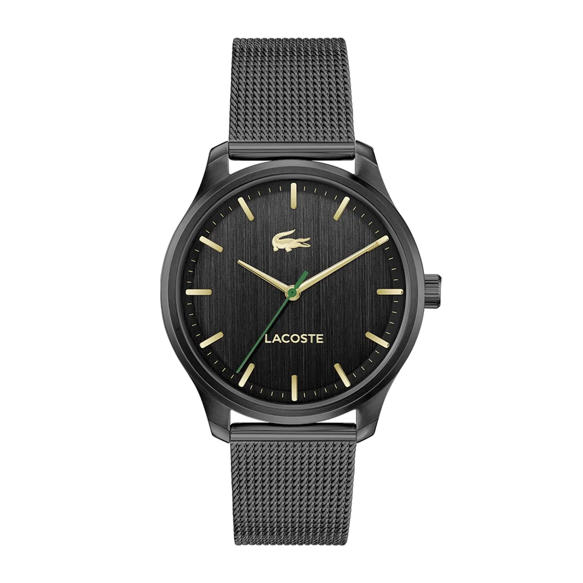 Reloj Lacoste analogo, para Hombre, tablero redondo colores negro y dorado, estilo index, pulso acero color negro